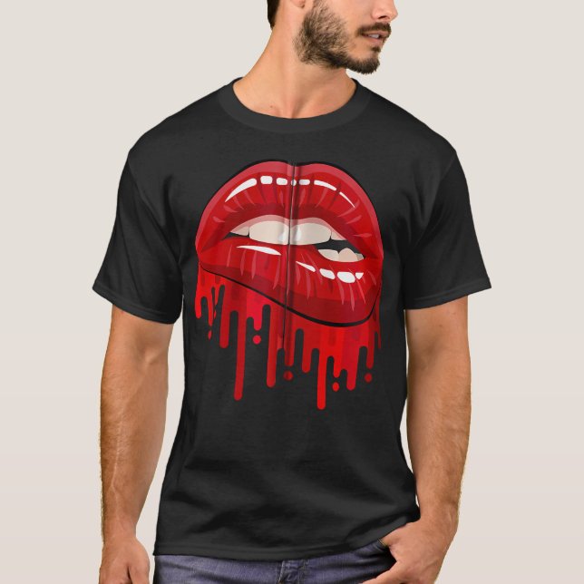 Cool Men'S Women'S Bold Red Biting Lips Graphic 	  T-Shirt (Front)