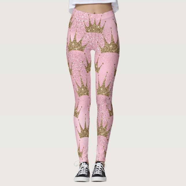 cool mermaid glitter chic pink gold tiara pattern leggings (Front)