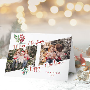 Cool Merry Christmas Calligraphy Holly 2-Photo  Holiday Card