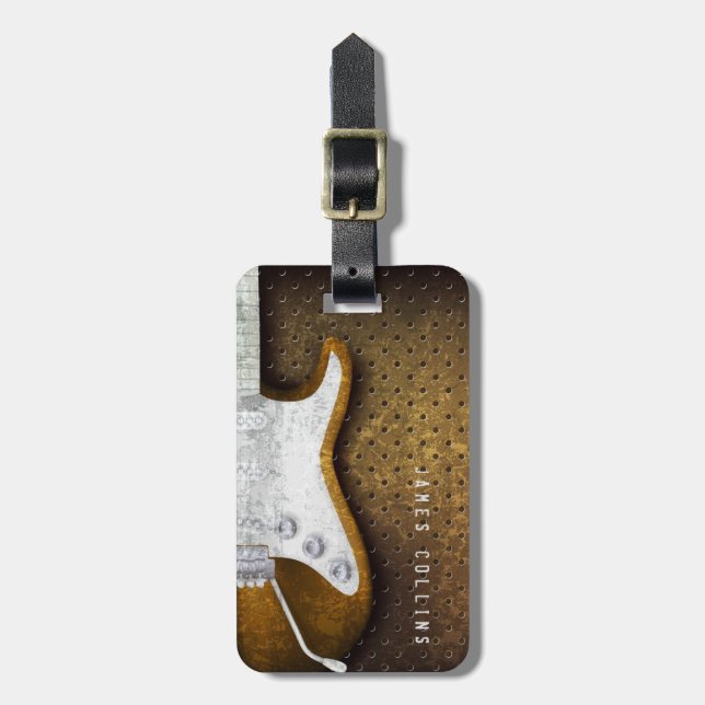 Cool Metal Grunge Electric Guitar Personalized Luggage Tag (Front Vertical)