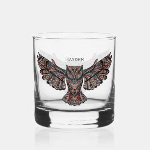 Cool Metalized Owl Art Personalised Whiskey Glass
