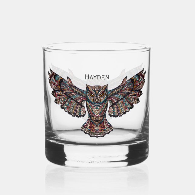 Cool Metalized Owl Art Personalised Whiskey Glass (Front)