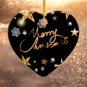 Cool Metallic Gold Black Stars Merry Xmas Script Ceramic Ornament