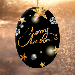 Cool Metallic Gold Black Stars Merry Xmas Script Ceramic Ornament