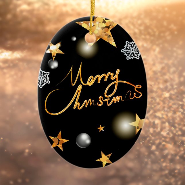 Cool Metallic Gold Black Stars Merry Xmas Script  Ceramic Ornament (Creator Uploaded)