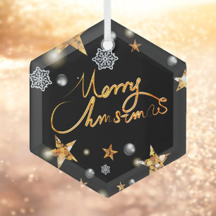 Cool Metallic Gold Black Stars Merry Xmas Script  Glass Ornament