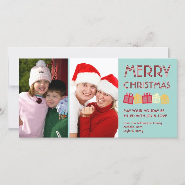 Cool mint merry Christmas fun dancing gift boxes Holiday Card (Front)