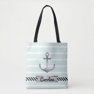 Cool Mint Stripes Watercolor Anchor Personalized Tote Bag