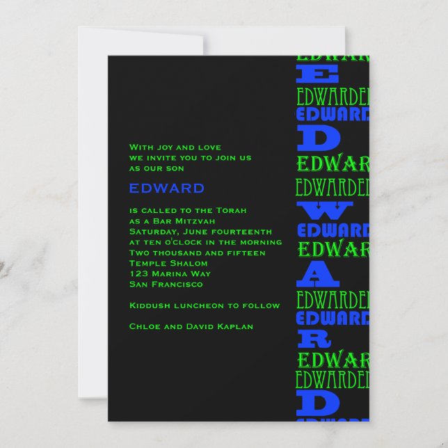 Cool Modern Bar Mitzvah Invitation Black Blue (Front)