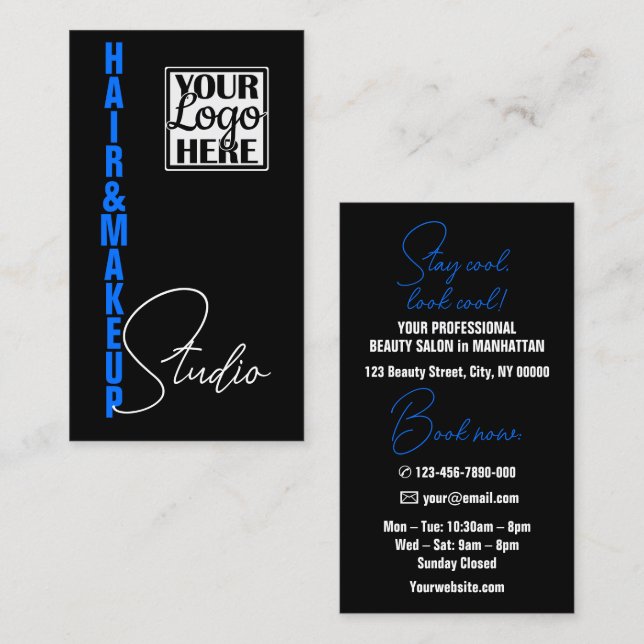 Cool Modern Black Blue Logo and Photo Typography Business Card (Front/Back)