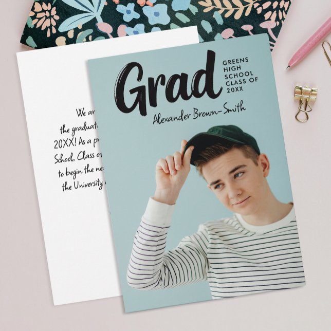 Cool Modern Black Script School Graduation Photo Announcement (Creator Uploaded)