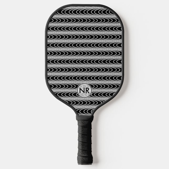  Cool Modern Black White Trippy Unique Monogrammed Pickleball Paddle (Front)