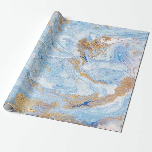Cool Modern Blue Gold Marble Stone Texture Wrapping Paper (Unrolled)