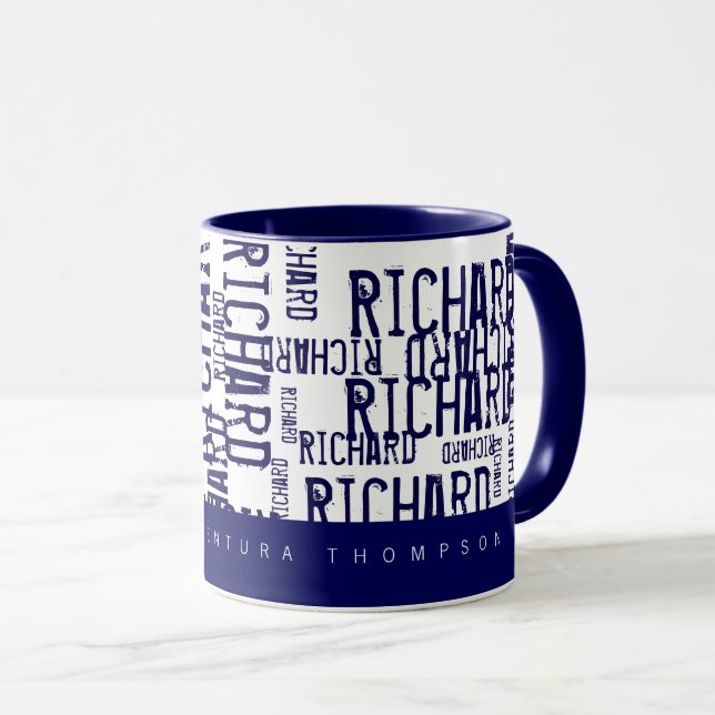 cool & modern blue typography (pattern of names) mug (Front Right)