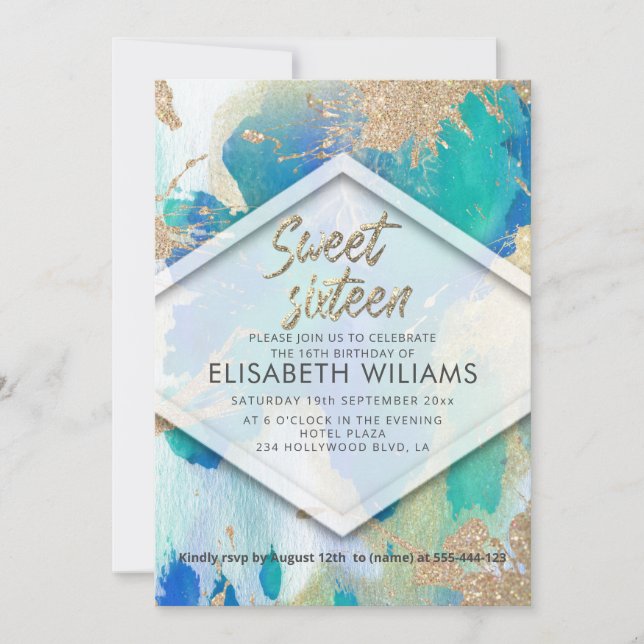 Cool modern blush watercolor  glittery invitation (Front)