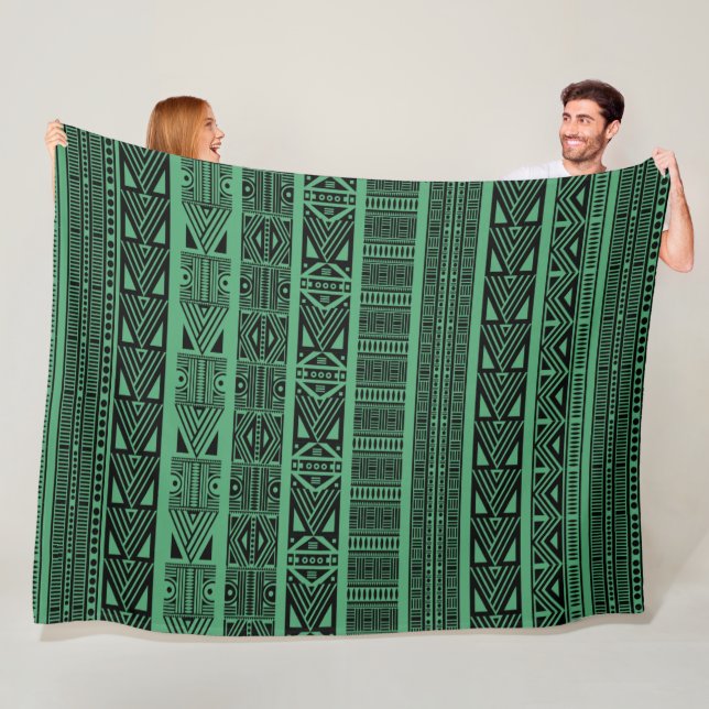 Cool Modern Boho Black and Green Pattern Strips Fleece Blanket (In Situ)