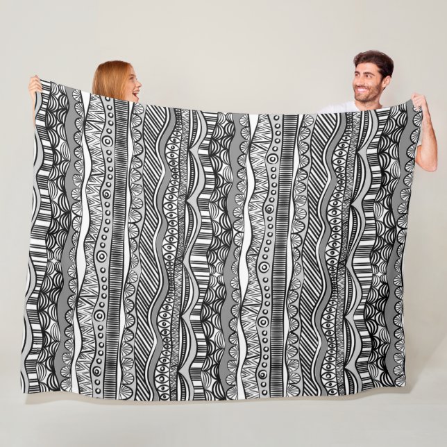 Cool Modern Boho Black and White Pattern Doodles Fleece Blanket (In Situ)