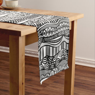 Cool Modern Boho Black and White Pattern Doodles Short Table Runner