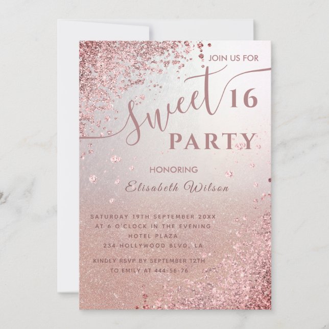 Cool modern diamond luxury rose gold sweet 16 invitation (Front)