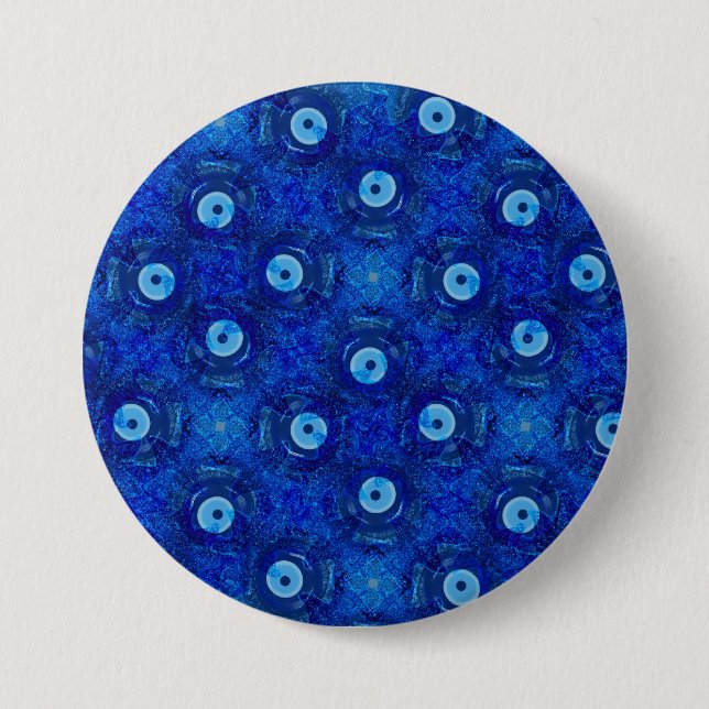 Cool, modern digital art of blue evil eye pattern 3 inch round button (Front)