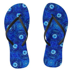 Cool, modern digital art of blue evil eye pattern flip flops