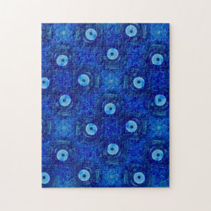 Cool, modern digital art of blue evil eye pattern jigsaw puzzle