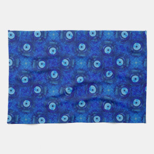Cool, modern digital art of blue evil eye pattern kitchen towel
