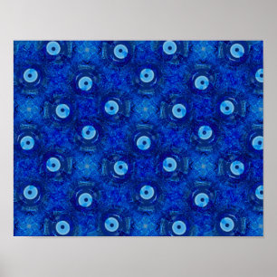 Cool, modern digital art of blue evil eye pattern poster