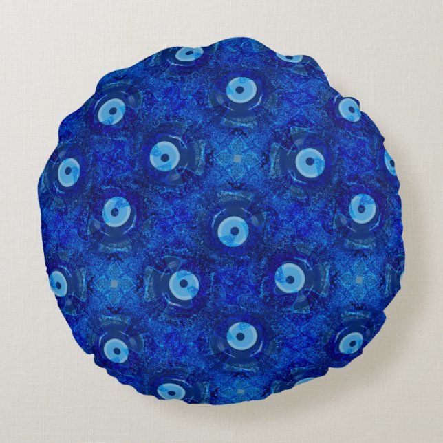Cool, modern digital art of blue evil eye pattern round pillow (Back)