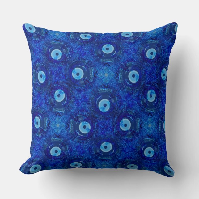 Cool, modern digital art of blue evil eye pattern throw pillow (Front)