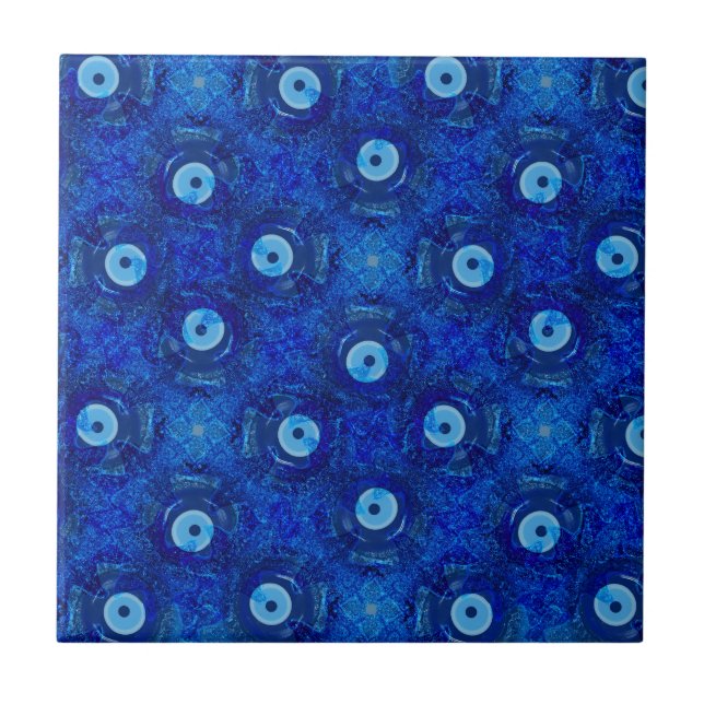 Cool, modern digital art of blue evil eye pattern tile (Front)