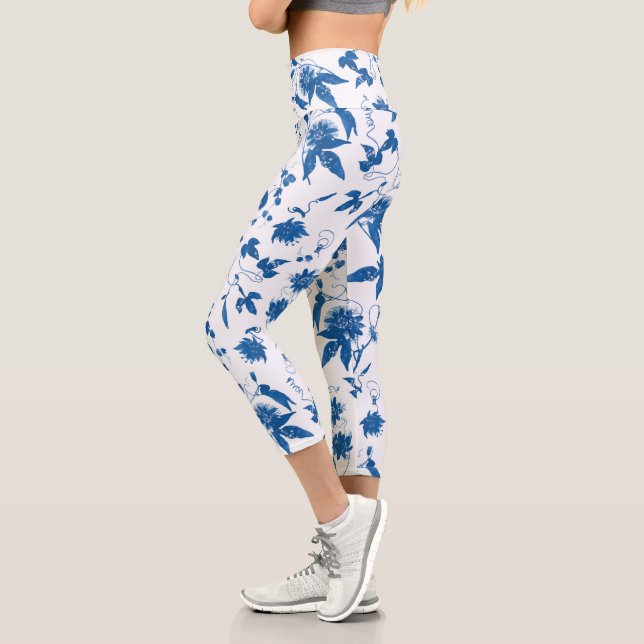 Cool Modern Elegant Blue Floral Toile  Capri Leggings (Left)
