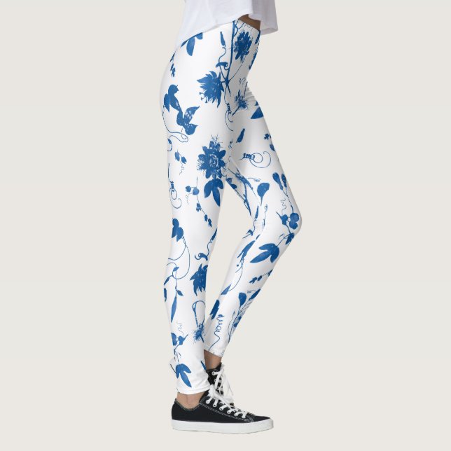 Cool Modern Elegant Blue Floral Toile  Leggings (Right)