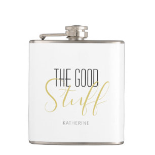 Cool Modern Elegant Good Stuff Gold Black Name Hip Flask
