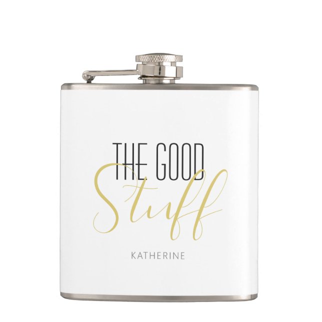 Cool Modern Elegant Good Stuff Gold Black Name Hip Flask (Front)