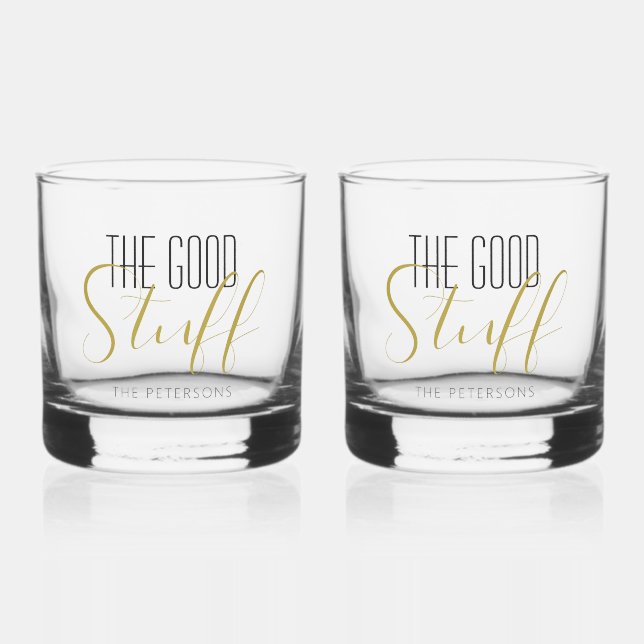 Cool Modern Elegant Good Stuff Gold Black Name Whiskey Glass (Front)