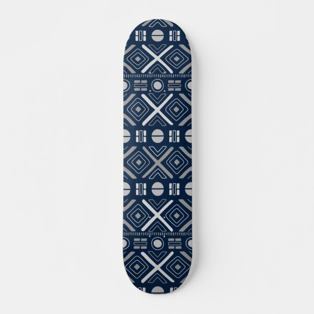 Cool Modern Geometric Tribal Blue Silver Pattern Skateboard (Front)