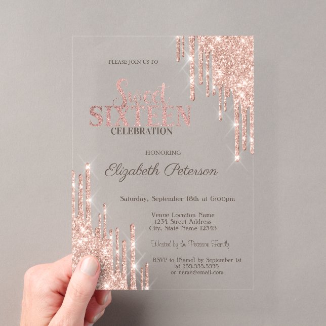 Cool Modern Glitter Drips Rose Gold  Sweet 16 Acrylic Invitations (Insitu (Handheld))