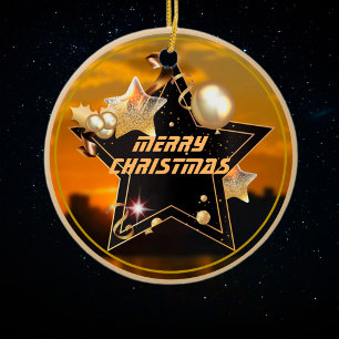 Cool Modern Gold Black Metallic Stars Merry Xmas Ceramic Ornament
