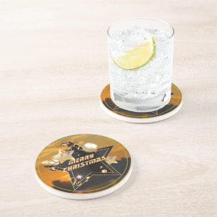 Cool Modern Gold Black Metallic Stars Merry Xmas Coaster