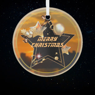 Cool Modern Gold Black Metallic Stars Merry Xmas Glass Ornament