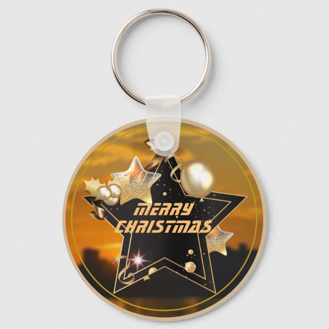 Cool Modern Gold Black Metallic Stars Merry Xmas   Keychain (Front)