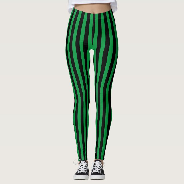 Cool Modern Green and Black Vertical Stripes Leggings (Front)