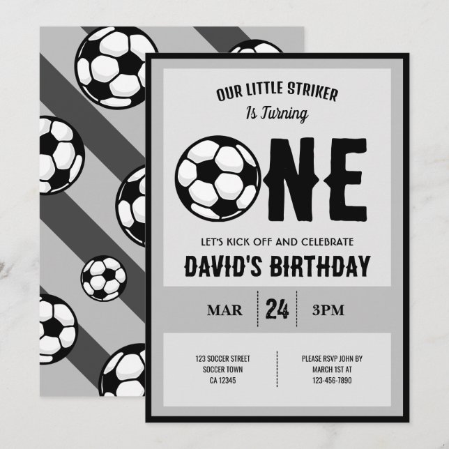 Cool Modern Little Striker Soccer 1st Birthday Invitation (Front/Back)