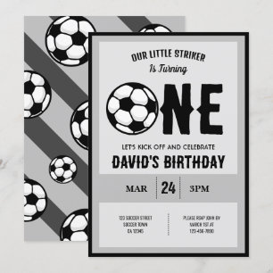 Cool Modern Little Striker Soccer 1st Birthday Invitation