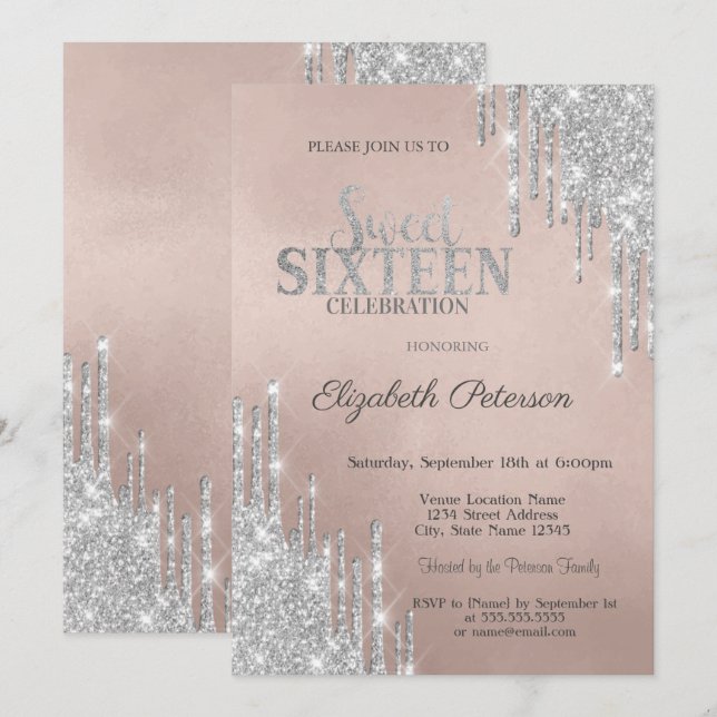 Cool Modern Silver Glitter Drips Sweet 16   Invitation (Front/Back)