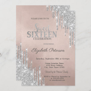 Cool Modern Silver Glitter Drips Sweet 16   Invitation