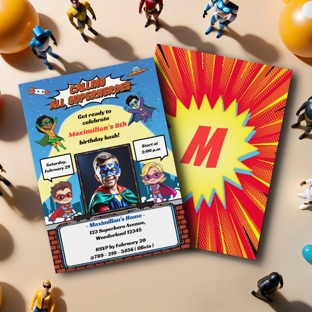 Cool Modern Superhero Cartoon Photo Birthday Party Invitation (Creator Uploaded)