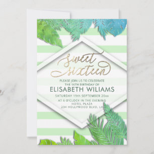Cool modern tropical leaves stripes glittery invitation