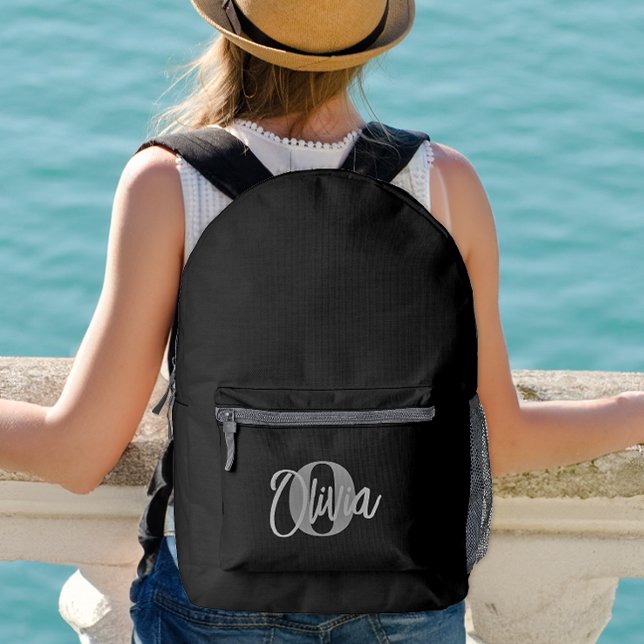 Cool Monochrome Black Grey Modern Script Monogram Printed Backpack (Creator Uploaded)
